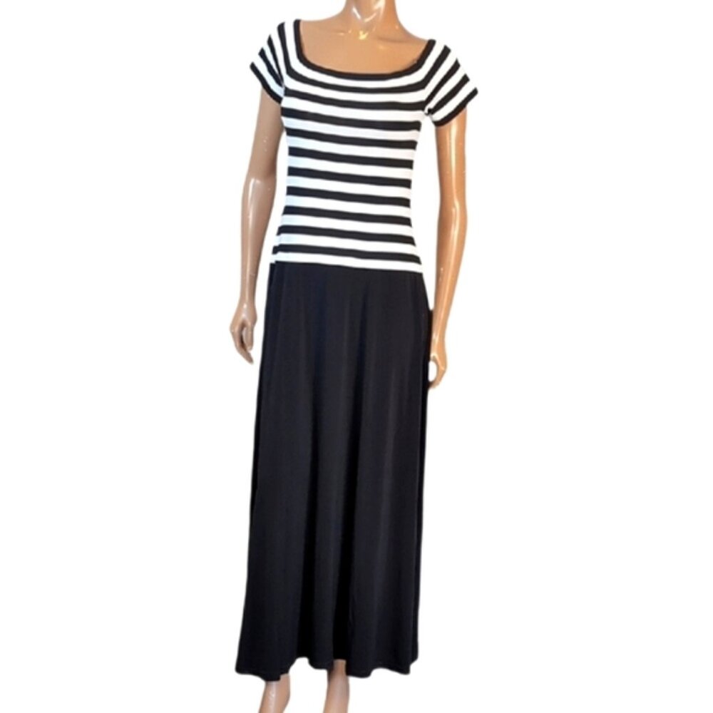 Vintage Joseph Ribkoff Couture Maxi Dress Womens Size 12 Black White Striped